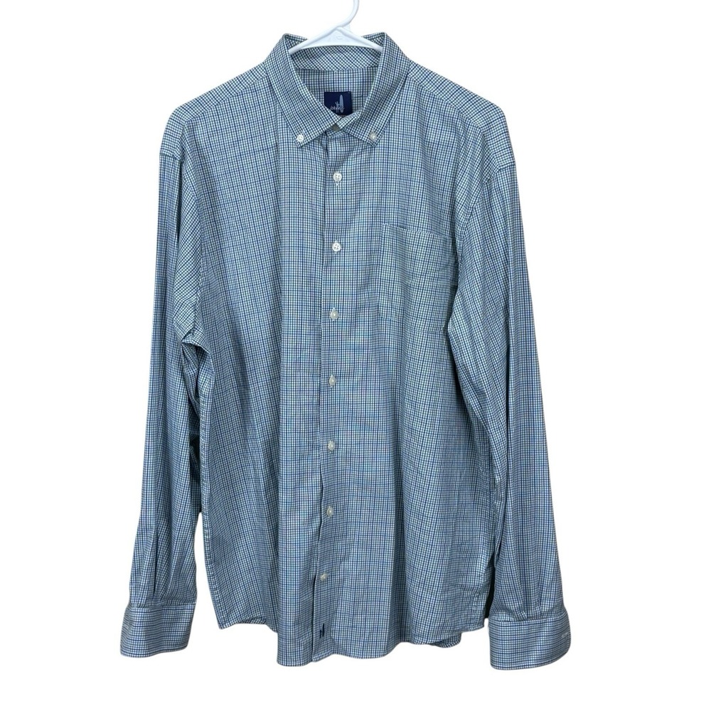 johnnie-O Shirt Mens Large Blue Tan Plaid Prep-Formance Button-Down Long Sleeve